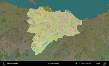 Edinburgh şehri. Birleşik Krallık 'ın idari alanı karanlık bir OpenStreetMap İnsani Haritası biçiminde vurgulanmış ve özetlenmiştir
