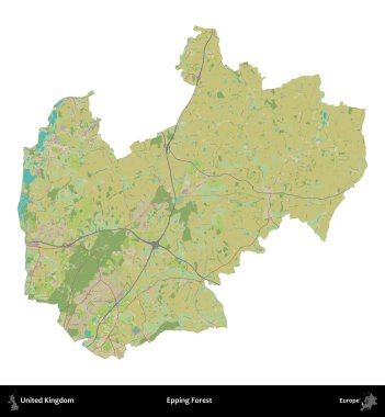 Epping Ormanı. Birleşik Krallık 'ın idari alanı bir OpenStreetMap İnsani Harita stili haritasında beyaza izole edildi