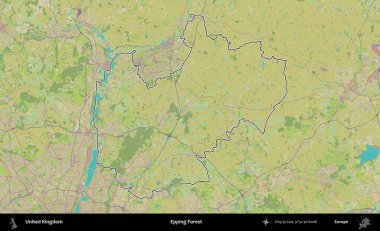 Epping Ormanı. Birleşik Krallık 'ın bir OpenStreetMap İnsani Biçim haritasında özetlenmiş idari alanı