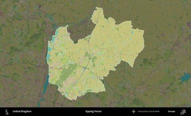 Epping Ormanı. Birleşik Krallık 'ın idari alanı karanlık bir OpenStreetMap İnsani Haritası biçiminde vurgulanmış ve özetlenmiştir