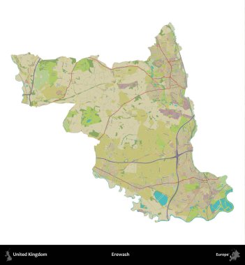 Yıkama. Birleşik Krallık 'ın idari alanı bir OpenStreetMap İnsani Harita stili haritasında beyaza izole edildi