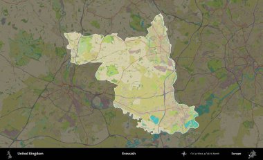 Yıkama. Birleşik Krallık 'ın idari alanı karanlık bir OpenStreetMap İnsani Haritası biçiminde vurgulanmış ve özetlenmiştir