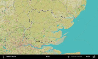 Essex. Birleşik Krallık 'ın bir OpenStreetMap İnsani Biçim haritasında özetlenmiş idari alanı
