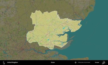 Essex. Birleşik Krallık 'ın idari alanı karanlık bir OpenStreetMap İnsani Haritası biçiminde vurgulanmış ve özetlenmiştir