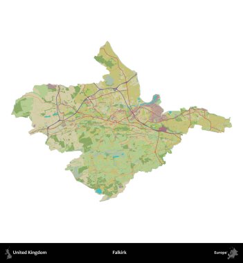 Falkirk. Birleşik Krallık 'ın idari alanı bir OpenStreetMap İnsani Harita stili haritasında beyaza izole edildi