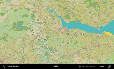 Falkirk. Birleşik Krallık 'ın bir OpenStreetMap İnsani Biçim haritasında özetlenmiş idari alanı