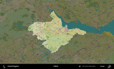 Falkirk. Birleşik Krallık 'ın idari alanı karanlık bir OpenStreetMap İnsani Haritası biçiminde vurgulanmış ve özetlenmiştir