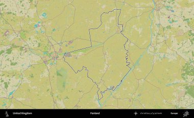 Fenland. Birleşik Krallık 'ın bir OpenStreetMap İnsani Biçim haritasında özetlenmiş idari alanı