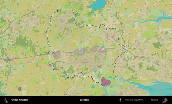 Basildon. Birleşik Krallık 'ın bir OpenStreetMap İnsani Biçim haritasında özetlenmiş idari alanı