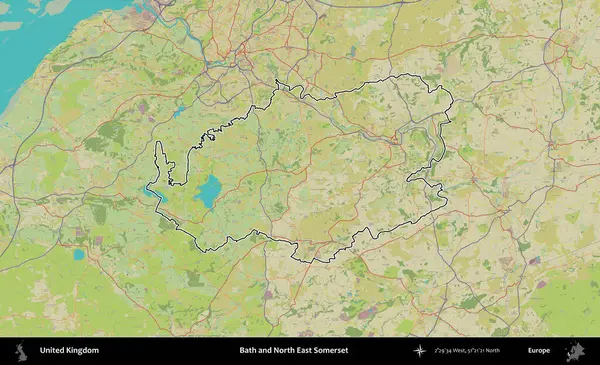 Bath ve Kuzey Doğu Somerset. Birleşik Krallık 'ın bir OpenStreetMap İnsani Biçim haritasında özetlenmiş idari alanı