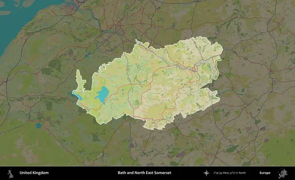Bath ve Kuzey Doğu Somerset. Birleşik Krallık 'ın idari alanı karanlık bir OpenStreetMap İnsani Haritası biçiminde vurgulanmış ve özetlenmiştir