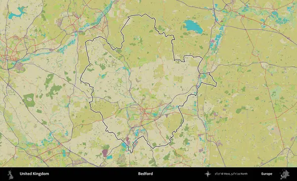 Bedford. Birleşik Krallık 'ın bir OpenStreetMap İnsani Biçim haritasında özetlenmiş idari alanı