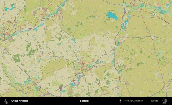 Bedford. Birleşik Krallık 'ın idari alanı bir OpenStreetMap İnsani Biçim haritası üzerinde