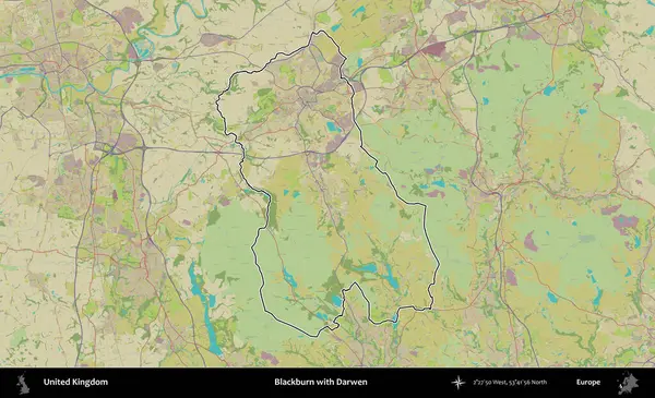 Blackburn ve Darwen. Birleşik Krallık 'ın bir OpenStreetMap İnsani Biçim haritasında özetlenmiş idari alanı