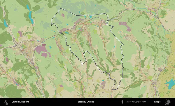 Blaenau Gwent. Birleşik Krallık 'ın bir OpenStreetMap İnsani Biçim haritasında özetlenmiş idari alanı