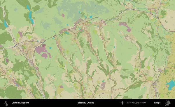 Blaenau Gwent. Birleşik Krallık 'ın idari alanı bir OpenStreetMap İnsani Biçim haritası üzerinde