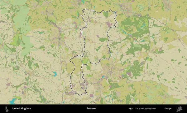 Bolsover. Birleşik Krallık 'ın bir OpenStreetMap İnsani Biçim haritasında özetlenmiş idari alanı