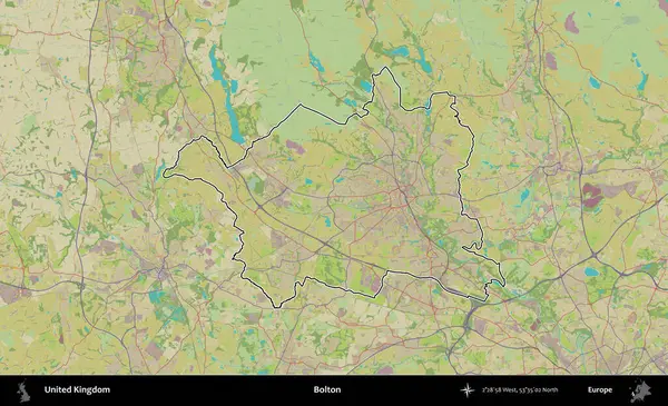 Bolton. Birleşik Krallık 'ın bir OpenStreetMap İnsani Biçim haritasında özetlenmiş idari alanı