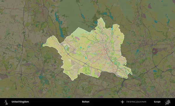 Bolton. Birleşik Krallık 'ın idari alanı karanlık bir OpenStreetMap İnsani Haritası biçiminde vurgulanmış ve özetlenmiştir