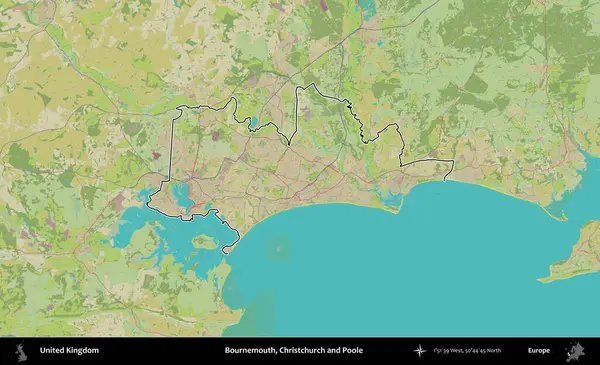 Bournemouth, Christchurch ve Poole. Birleşik Krallık 'ın bir OpenStreetMap İnsani Biçim haritasında özetlenmiş idari alanı