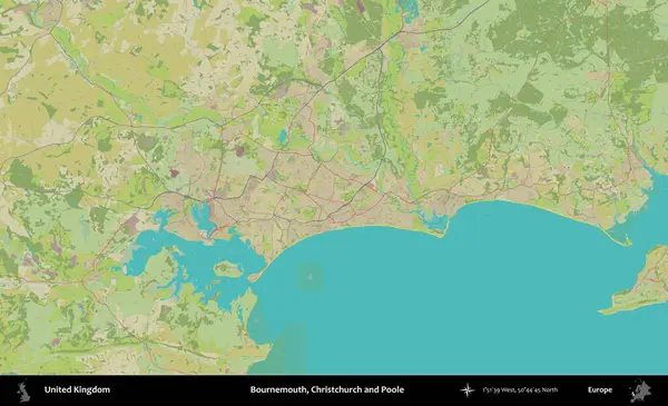 Bournemouth, Christchurch ve Poole. Birleşik Krallık 'ın idari alanı bir OpenStreetMap İnsani Biçim haritası üzerinde