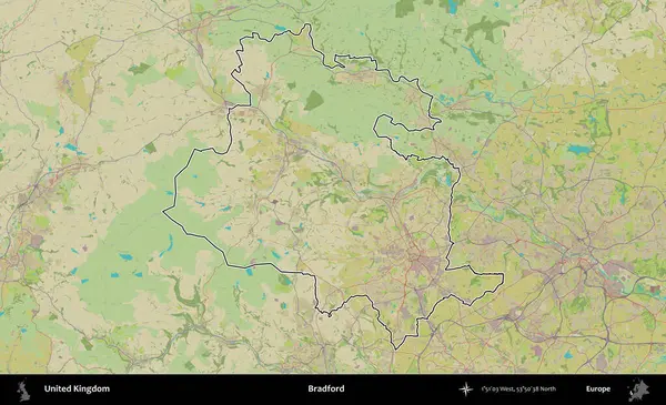 Bradford. Birleşik Krallık 'ın bir OpenStreetMap İnsani Biçim haritasında özetlenmiş idari alanı