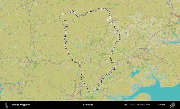 Braintree. Birleşik Krallık 'ın bir OpenStreetMap İnsani Biçim haritasında özetlenmiş idari alanı