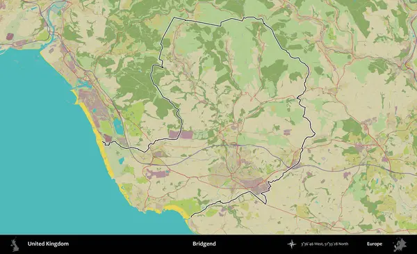 Bridgend. Birleşik Krallık 'ın bir OpenStreetMap İnsani Biçim haritasında özetlenmiş idari alanı