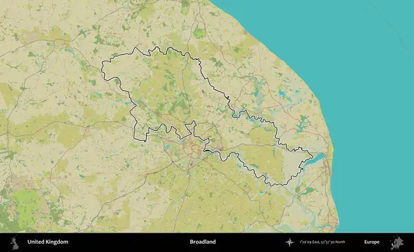 Geniş arazi. Birleşik Krallık 'ın bir OpenStreetMap İnsani Biçim haritasında özetlenmiş idari alanı