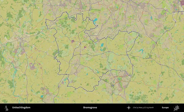 Bromsgrove 'da. Birleşik Krallık 'ın bir OpenStreetMap İnsani Biçim haritasında özetlenmiş idari alanı