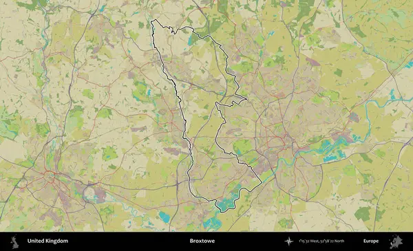 Broxtowe. Birleşik Krallık 'ın bir OpenStreetMap İnsani Biçim haritasında özetlenmiş idari alanı