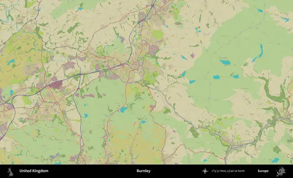 Burnley. Birleşik Krallık 'ın idari alanı bir OpenStreetMap İnsani Biçim haritası üzerinde