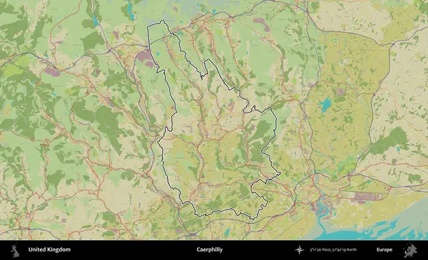 Caerphilly 'de. Birleşik Krallık 'ın bir OpenStreetMap İnsani Biçim haritasında özetlenmiş idari alanı