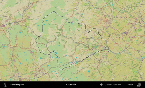 Calderdale 'de. Birleşik Krallık 'ın bir OpenStreetMap İnsani Biçim haritasında özetlenmiş idari alanı