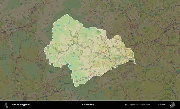 Calderdale 'de. Birleşik Krallık 'ın idari alanı karanlık bir OpenStreetMap İnsani Haritası biçiminde vurgulanmış ve özetlenmiştir