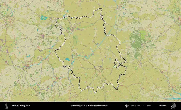 Cambridgeshire ve Peterborough. Birleşik Krallık 'ın bir OpenStreetMap İnsani Biçim haritasında özetlenmiş idari alanı