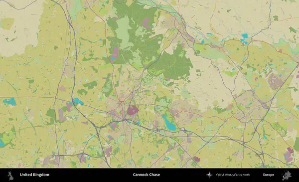 Cannock Chase. Birleşik Krallık 'ın idari alanı bir OpenStreetMap İnsani Biçim haritası üzerinde