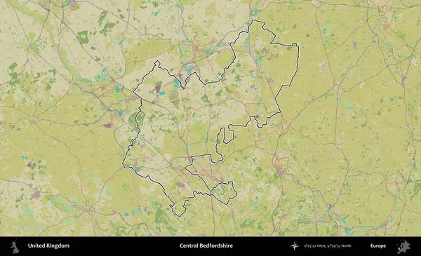 Bedfordshire Merkez. Birleşik Krallık 'ın bir OpenStreetMap İnsani Biçim haritasında özetlenmiş idari alanı