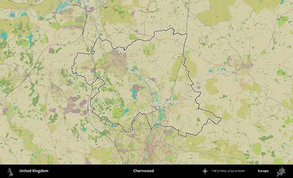 Charnwood 'da. Birleşik Krallık 'ın bir OpenStreetMap İnsani Biçim haritasında özetlenmiş idari alanı