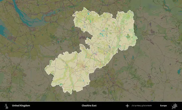 Doğu Cheshire. Birleşik Krallık 'ın idari alanı karanlık bir OpenStreetMap İnsani Haritası biçiminde vurgulanmış ve özetlenmiştir