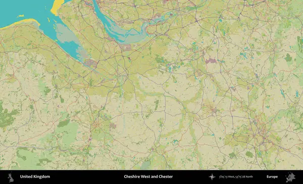 Cheshire West ve Chester. Birleşik Krallık 'ın idari alanı bir OpenStreetMap İnsani Biçim haritası üzerinde