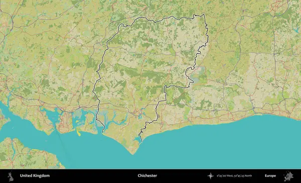 Chichester. Birleşik Krallık 'ın bir OpenStreetMap İnsani Biçim haritasında özetlenmiş idari alanı
