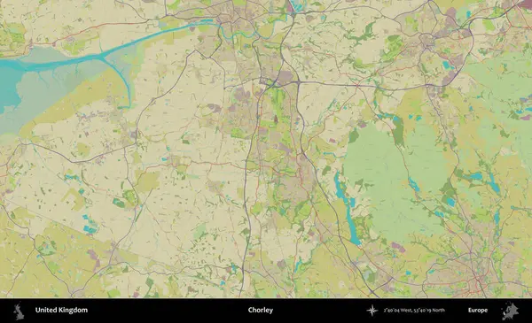 Chorley. Birleşik Krallık 'ın idari alanı bir OpenStreetMap İnsani Biçim haritası üzerinde