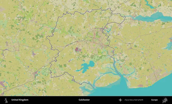 Colchester 'da. Birleşik Krallık 'ın bir OpenStreetMap İnsani Biçim haritasında özetlenmiş idari alanı