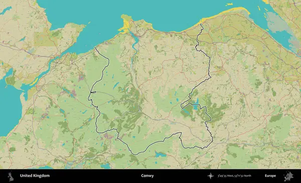 Conwy. Birleşik Krallık 'ın bir OpenStreetMap İnsani Biçim haritasında özetlenmiş idari alanı