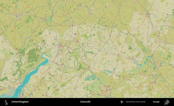 Cotswold. Birleşik Krallık 'ın idari alanı bir OpenStreetMap İnsani Biçim haritası üzerinde
