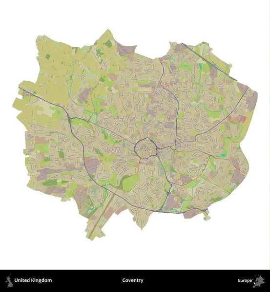 Coventry. Birleşik Krallık 'ın idari alanı bir OpenStreetMap İnsani Harita stili haritasında beyaza izole edildi