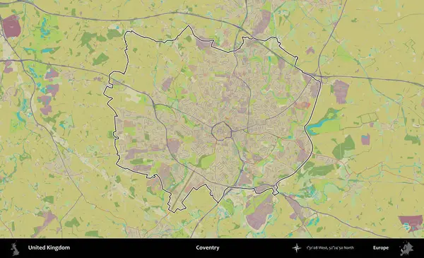 Coventry. Birleşik Krallık 'ın bir OpenStreetMap İnsani Biçim haritasında özetlenmiş idari alanı