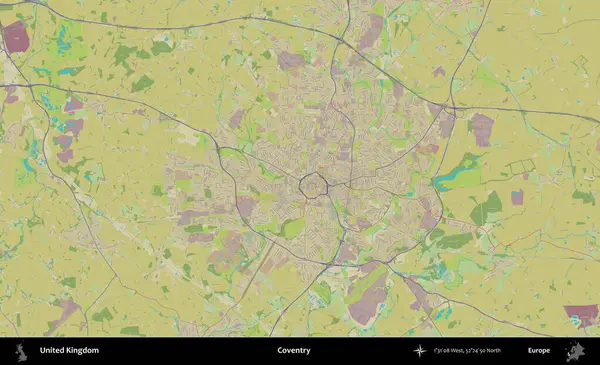 Coventry. Birleşik Krallık 'ın idari alanı bir OpenStreetMap İnsani Biçim haritası üzerinde