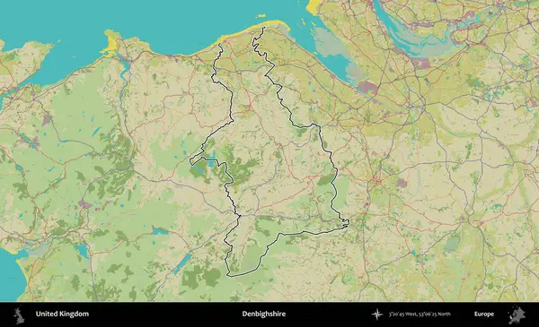 Denbighshire 'da. Birleşik Krallık 'ın bir OpenStreetMap İnsani Biçim haritasında özetlenmiş idari alanı
